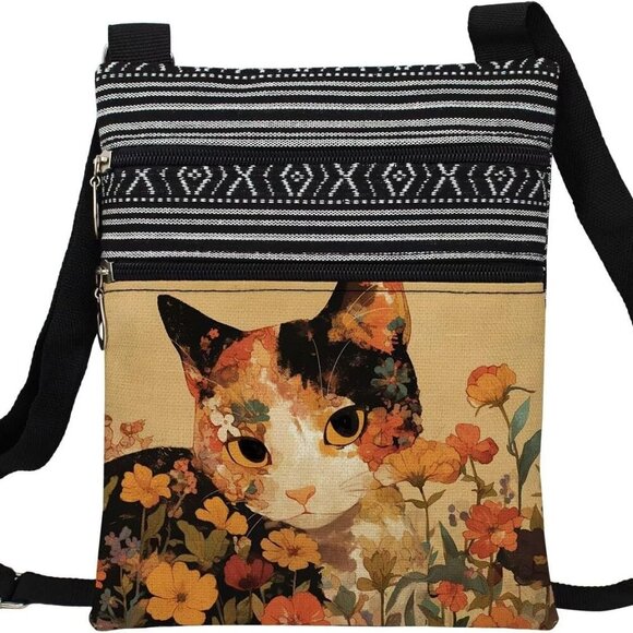 Floral Cat Crossbody Bag Small Ethnic Pattern Adjustable Strap Zipper Bag - Picture 1 of 7